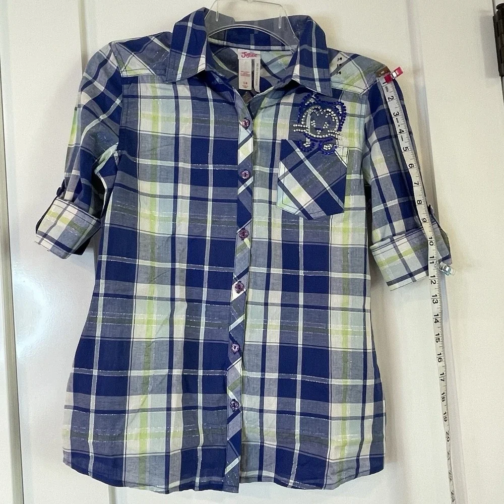 NWT Girls Shirt Top Blue‎ Plaid Roll Tab Long 3/4 Sleeve Cowgirl Cottage Prairie